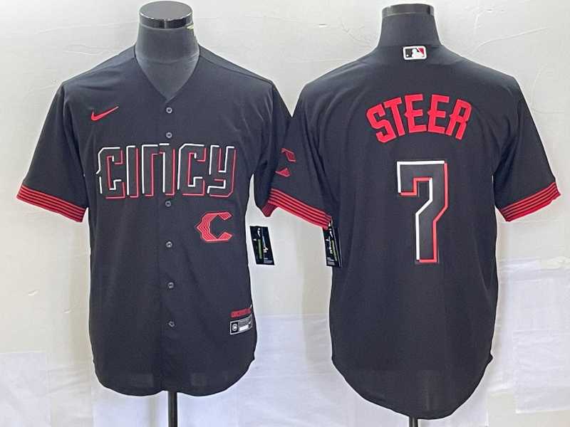 Men%27s Cincinnati Reds #7 Spencer Steer Black 2023 City Connect Cool Base Stitched Baseball Jersey